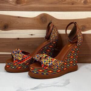 Arezzo Wedge Sandals Platform Ankle Strap Geometric Colorful Heels Size 7.5